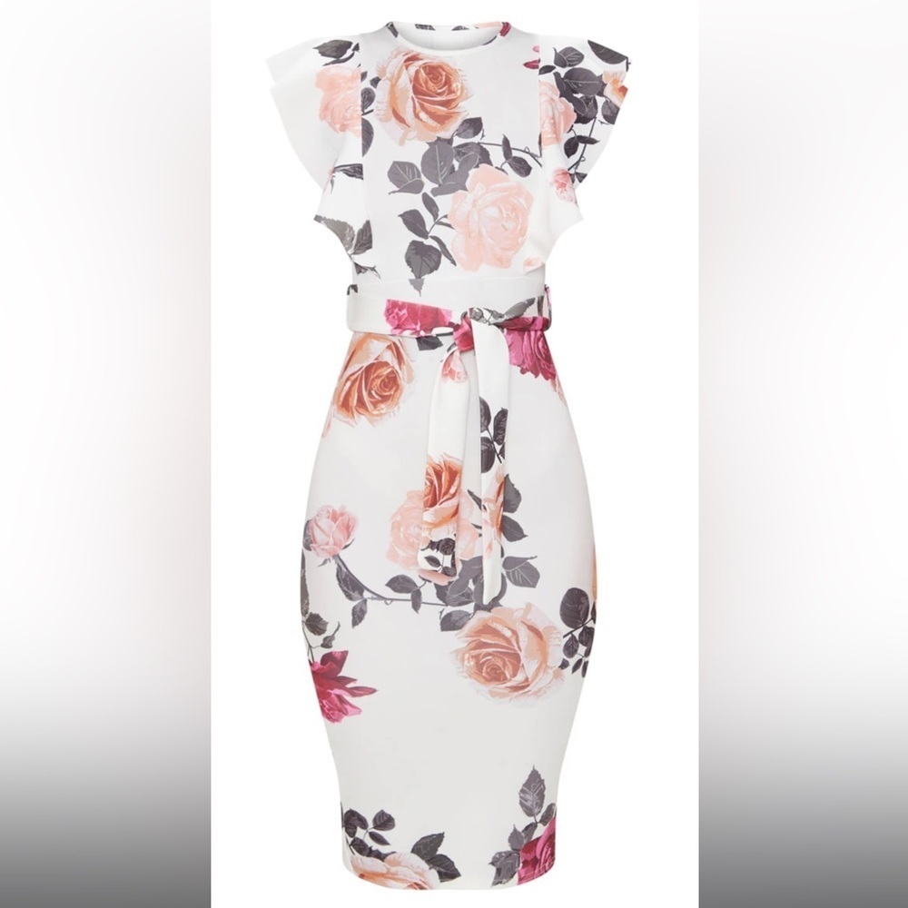 Prettylittlething White Floral Print Frill Detail Midi Dress - Picture 6 of 11